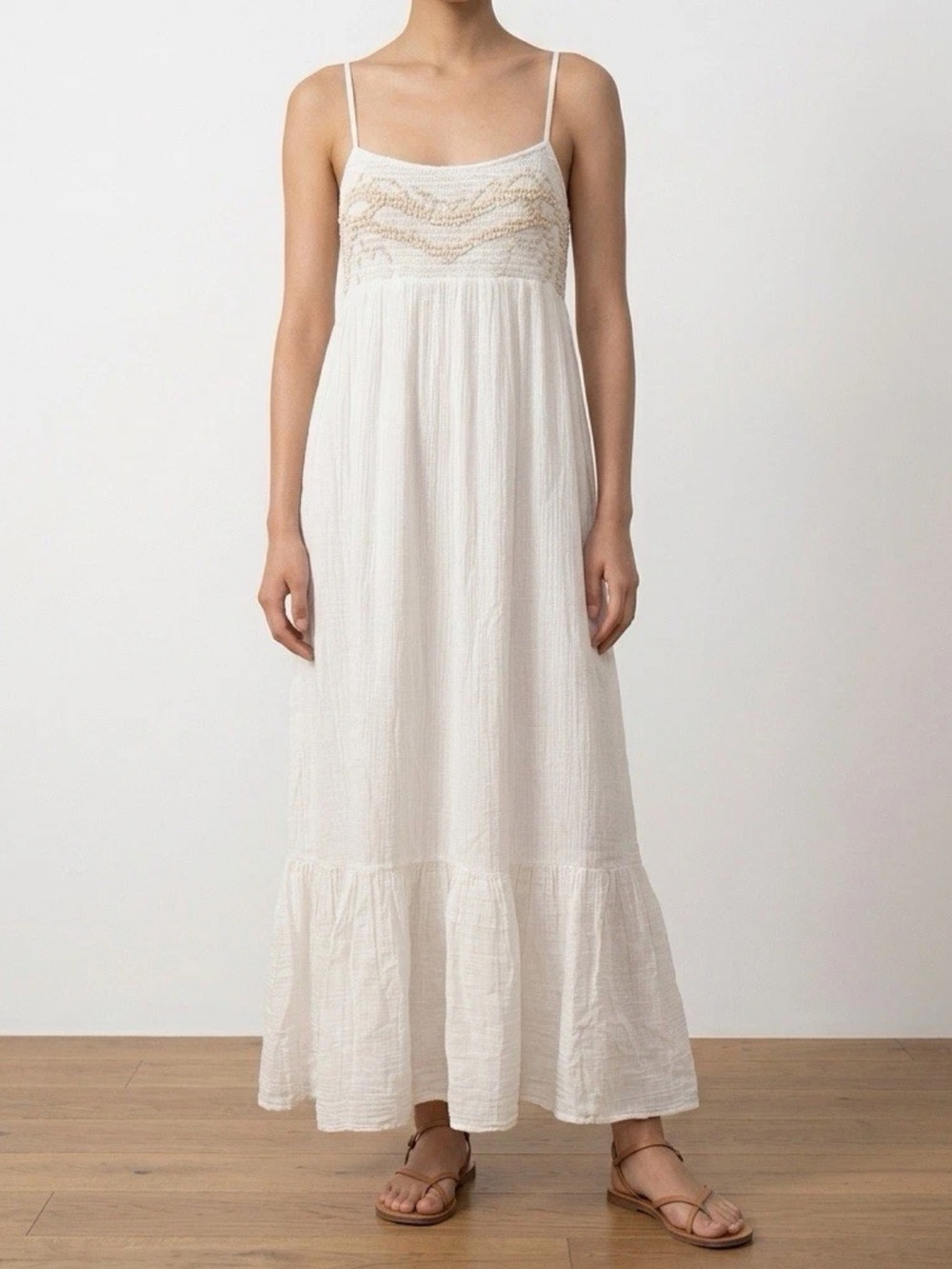 NWT Zara Women’s Cream Maxi Gauze Sundress with Smocked Embroidered Bodice